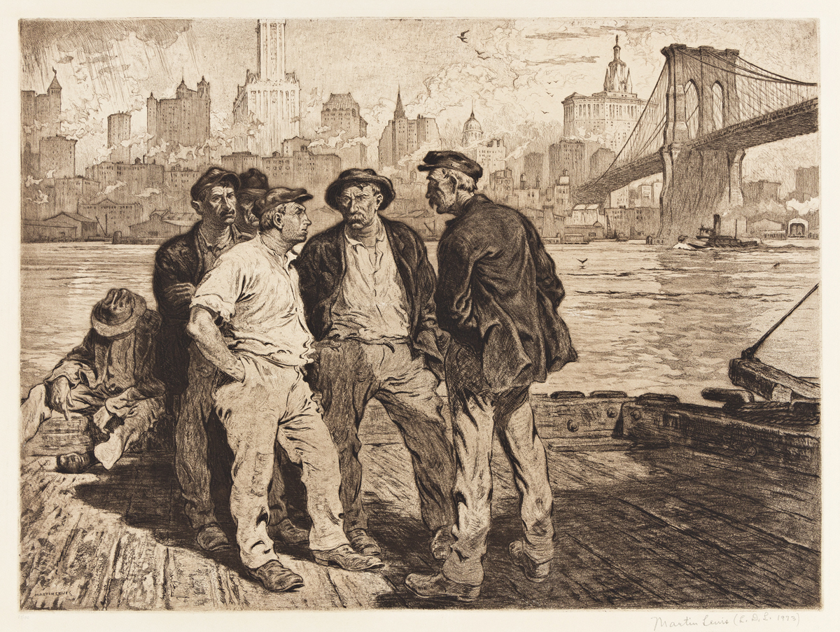 MARTIN LEWIS Dock Workers Under the Brooklyn Bridge.